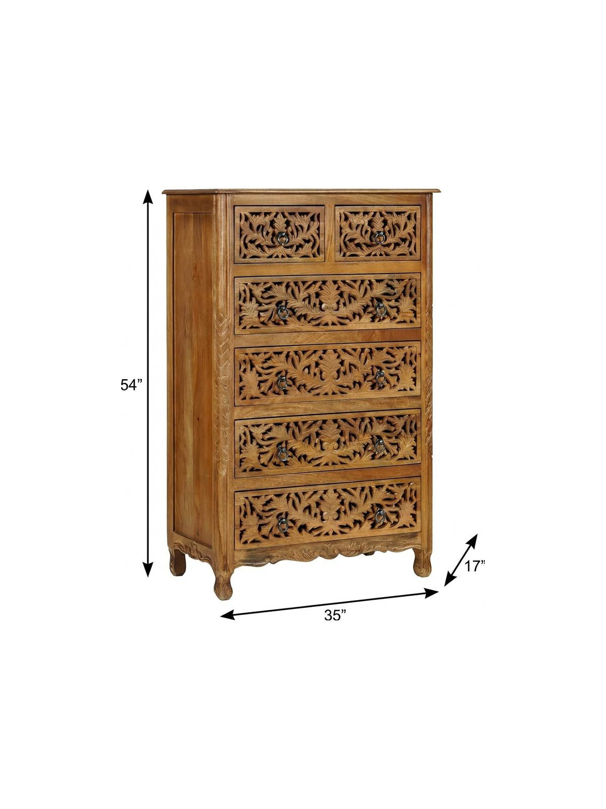 35" Brown Carved Floral Solid Wood Six Drawer Dresser