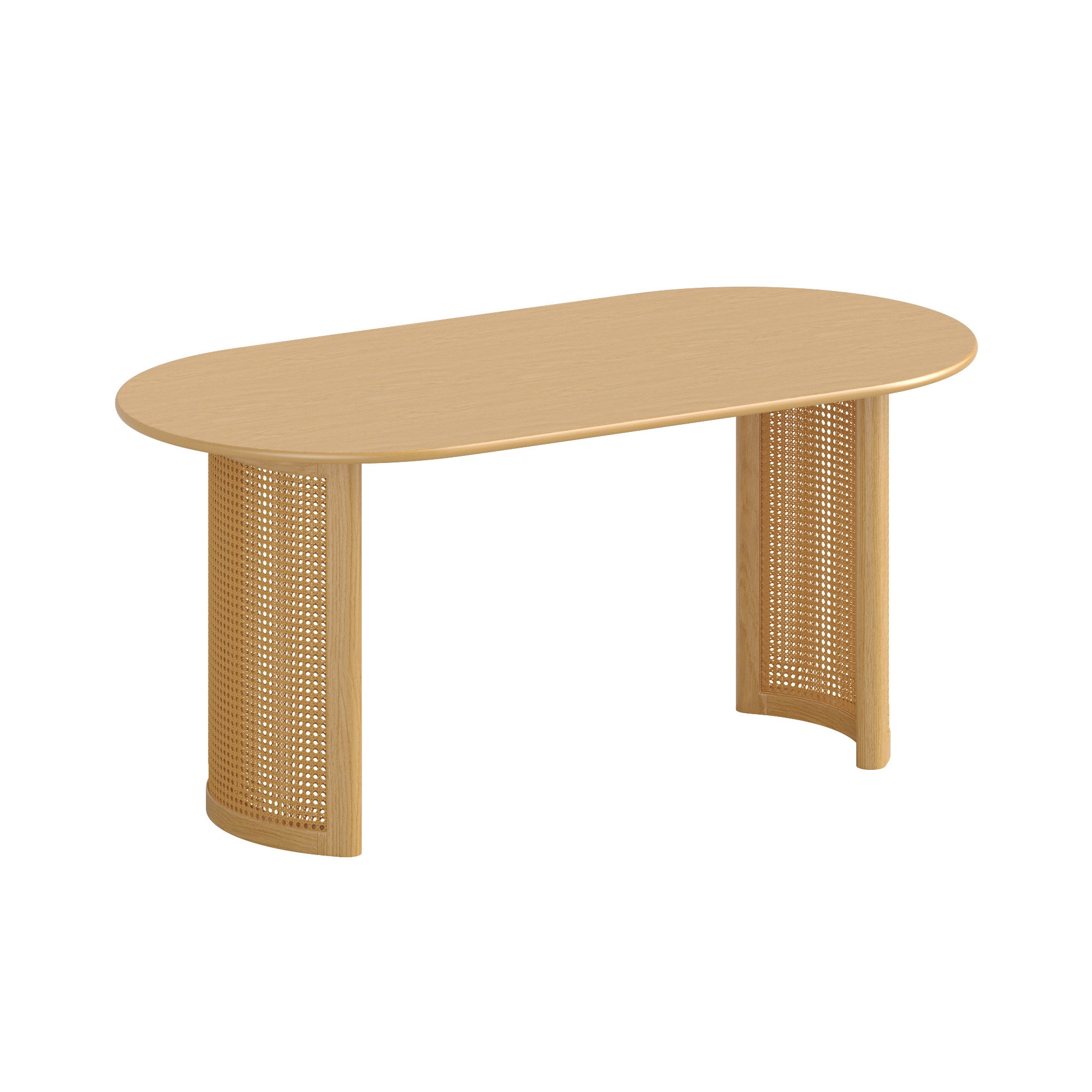 67" Natural Solid Wood With Rattan Double Pedestal Base Oval Dining Table