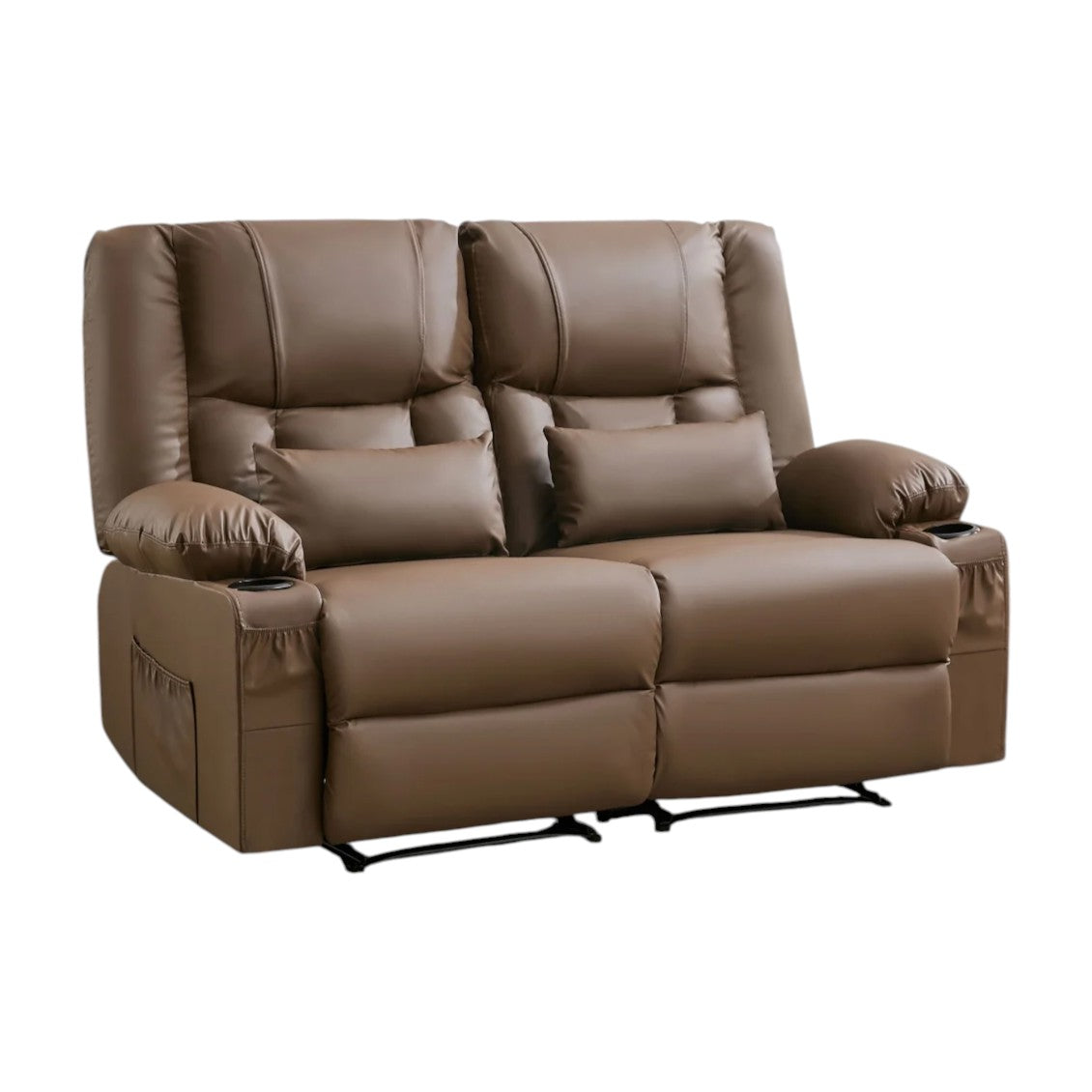 62" Brown Faux Leather Reclining Loveseat With Storage and Toss Pillows