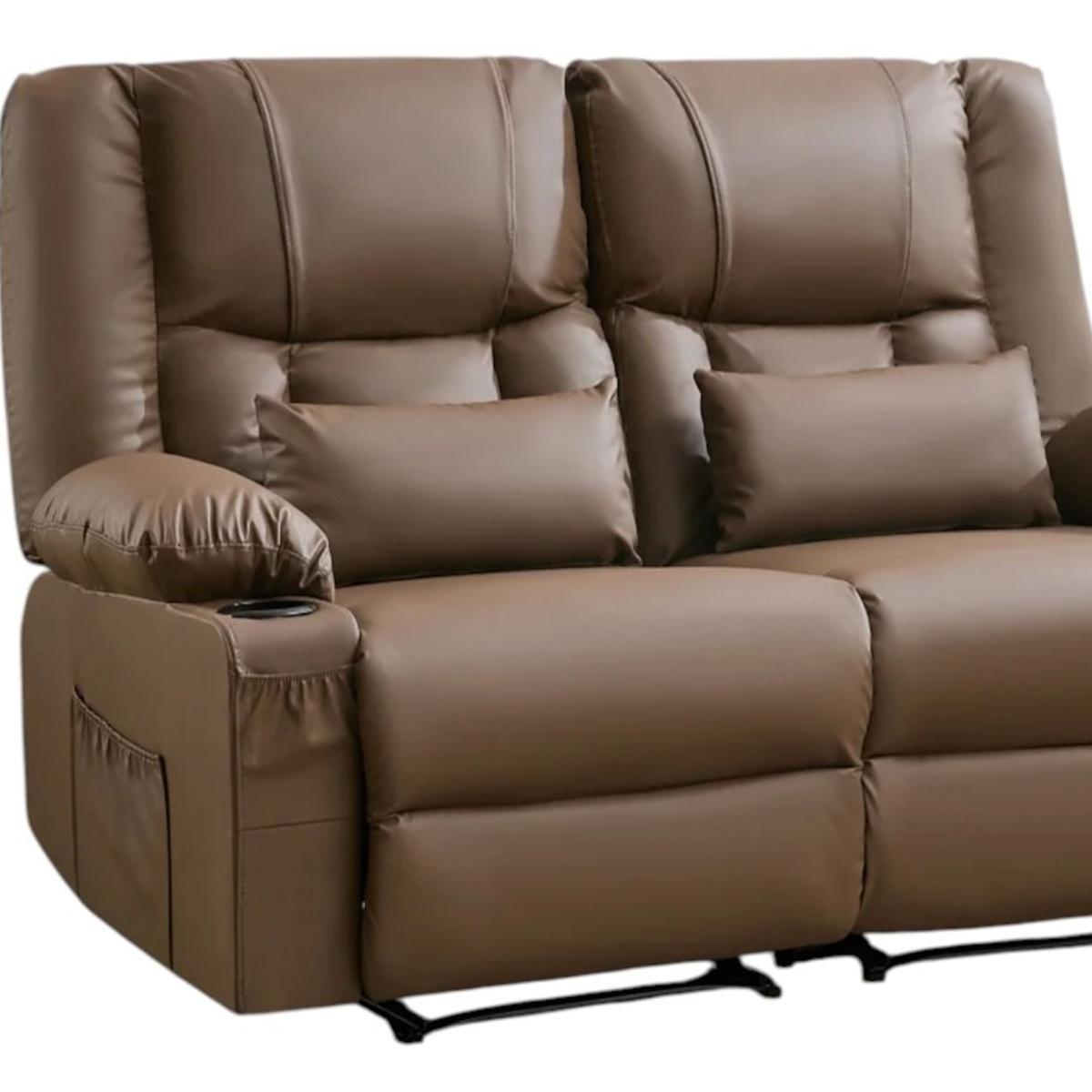 62" Brown Faux Leather Reclining Loveseat With Storage and Toss Pillows
