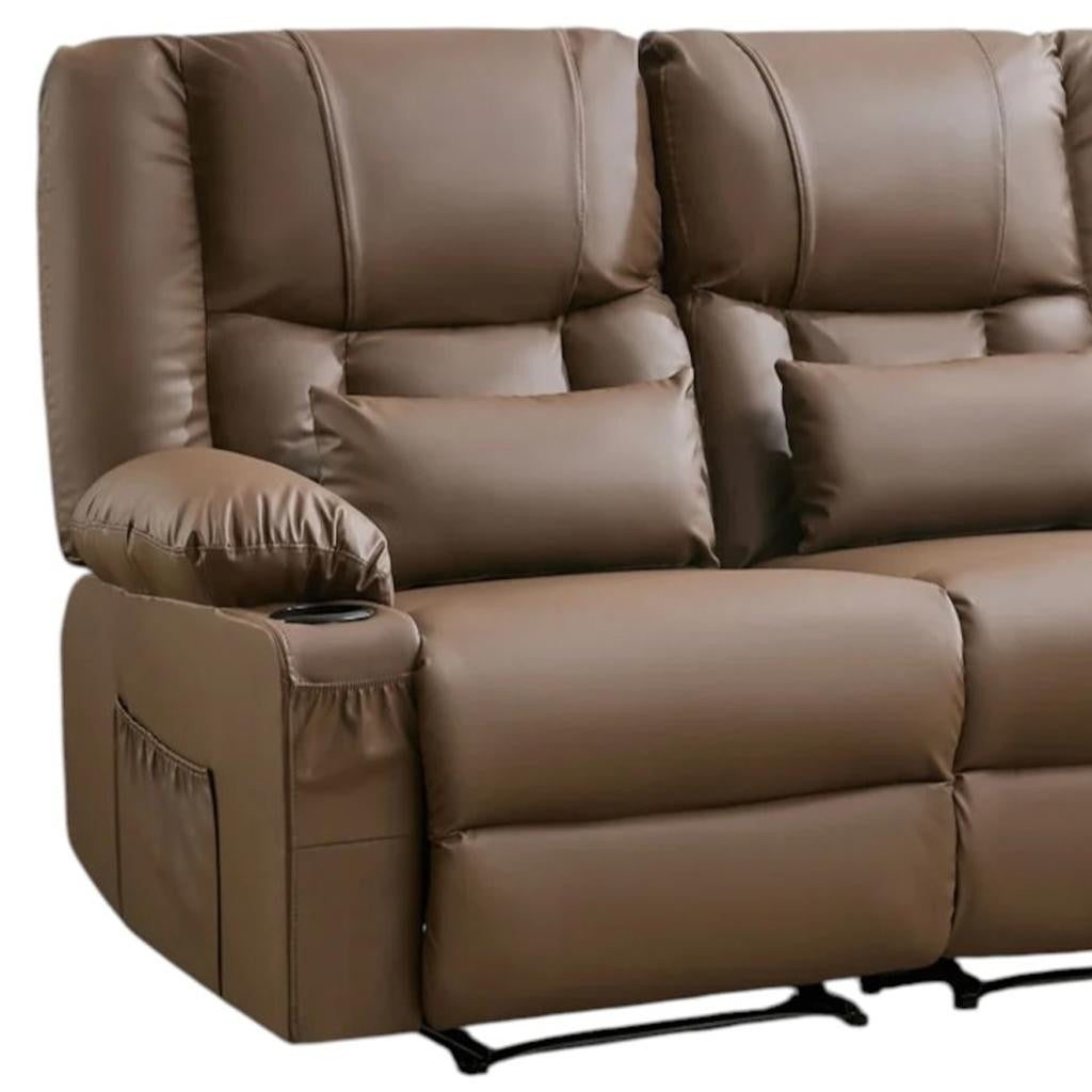 62" Brown Faux Leather Reclining Loveseat With Storage and Toss Pillows