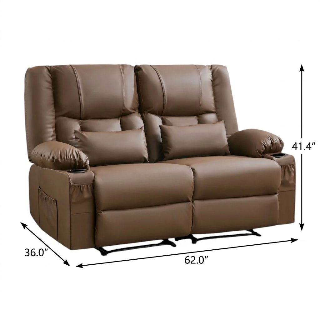 62" Brown Faux Leather Reclining Loveseat With Storage and Toss Pillows