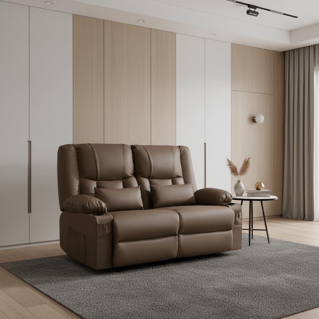 62" Brown Faux Leather Reclining Loveseat With Storage and Toss Pillows