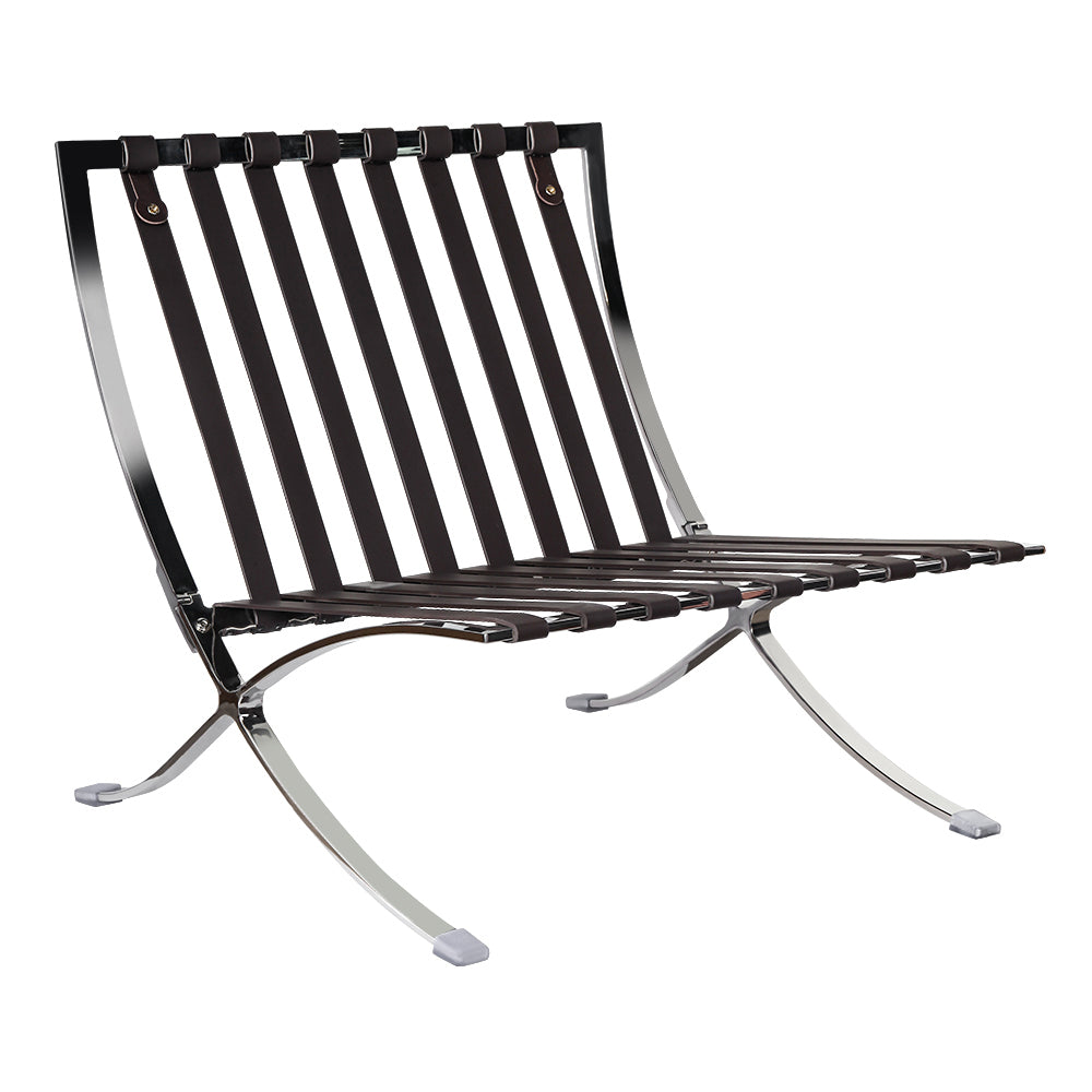 28" Brown and Silver Tufted Genuine Leather and Stainless Steel Folding Lounge Chair
