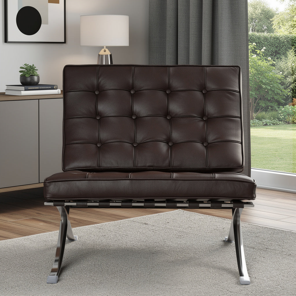 28" Brown and Silver Tufted Genuine Leather and Stainless Steel Folding Lounge Chair