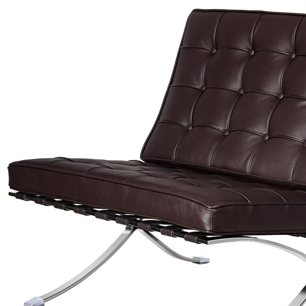 28" Brown and Silver Tufted Genuine Leather and Stainless Steel Folding Lounge Chair