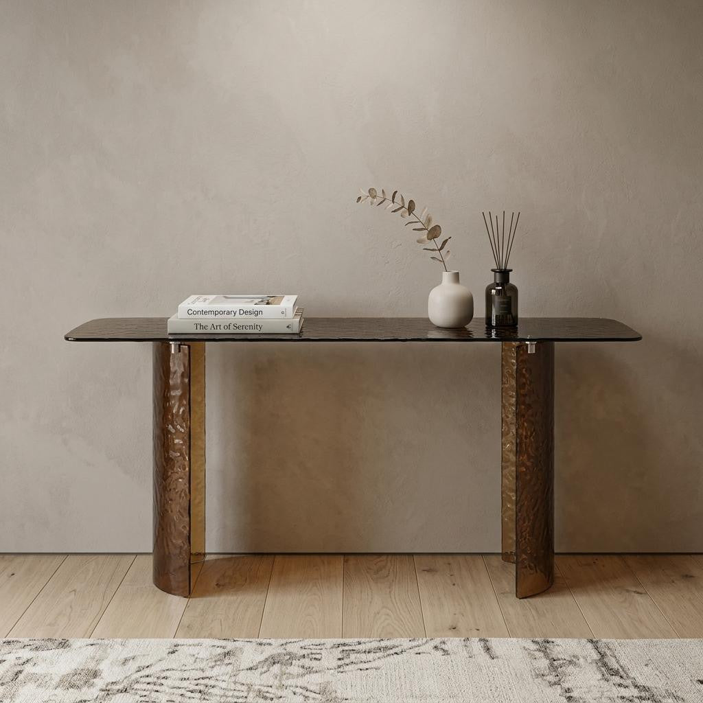 63" Bronze Glass Double Pedestal Console Table