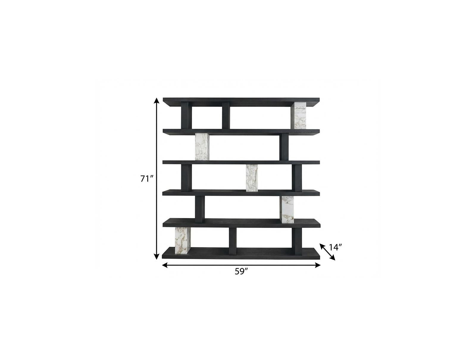 71" Black And White Wood And Faux Marble Five Tier Geometric Bookcase