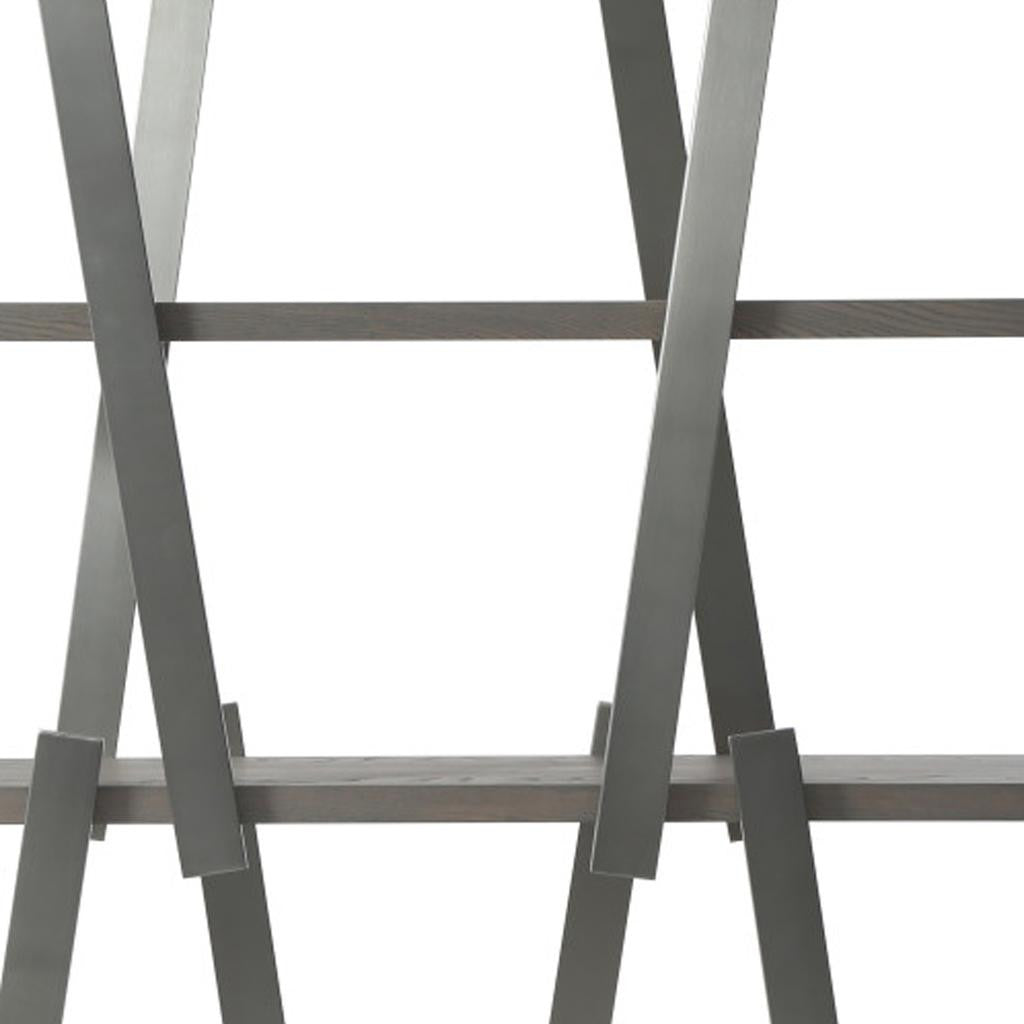 71" Gray And Silver Stainless Steel and Wood Four Tier Geometric Bookcase