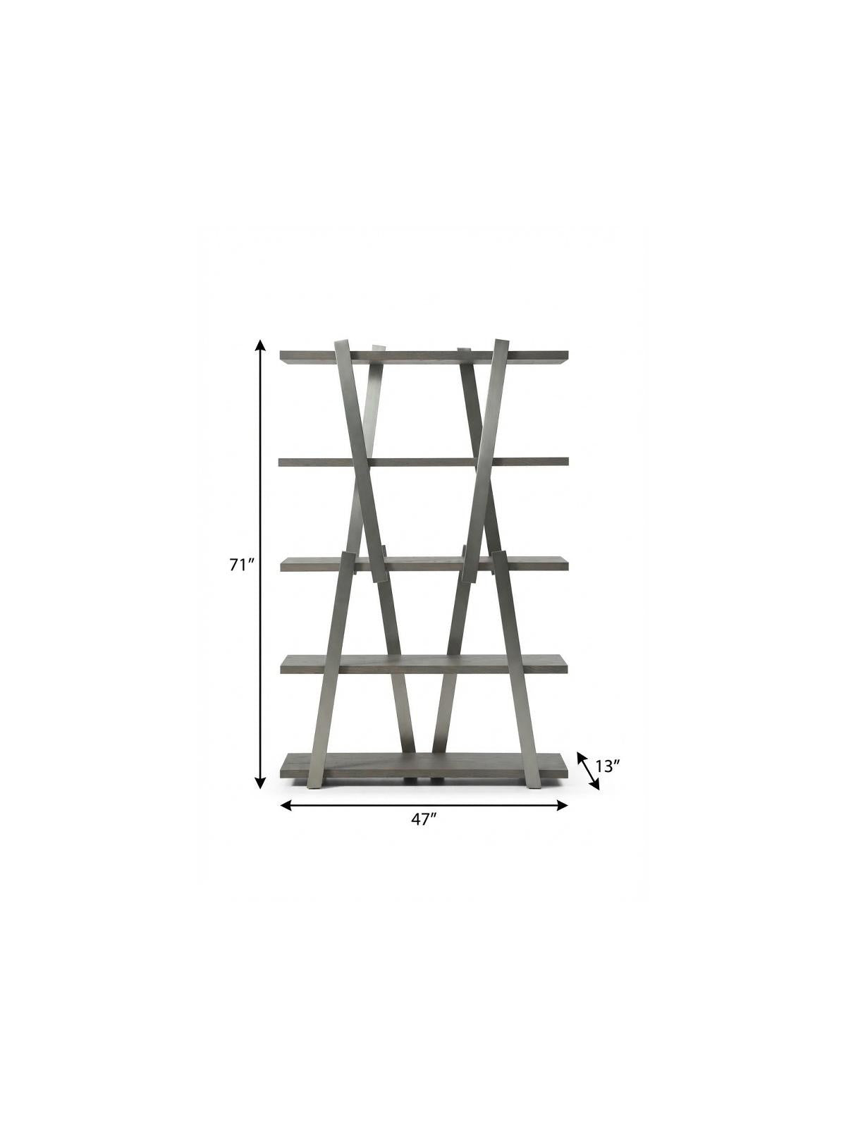 71" Gray And Silver Stainless Steel and Wood Four Tier Geometric Bookcase