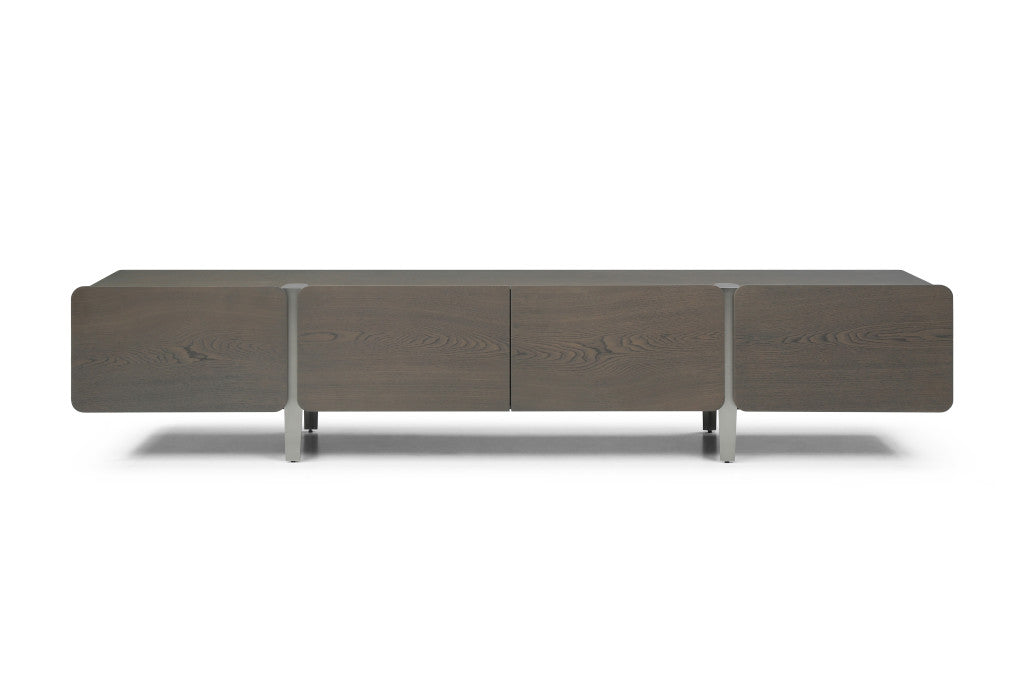 95" Ash Gray And Nickel Wood And Stainless Steel Enclosed Storage TV Stand