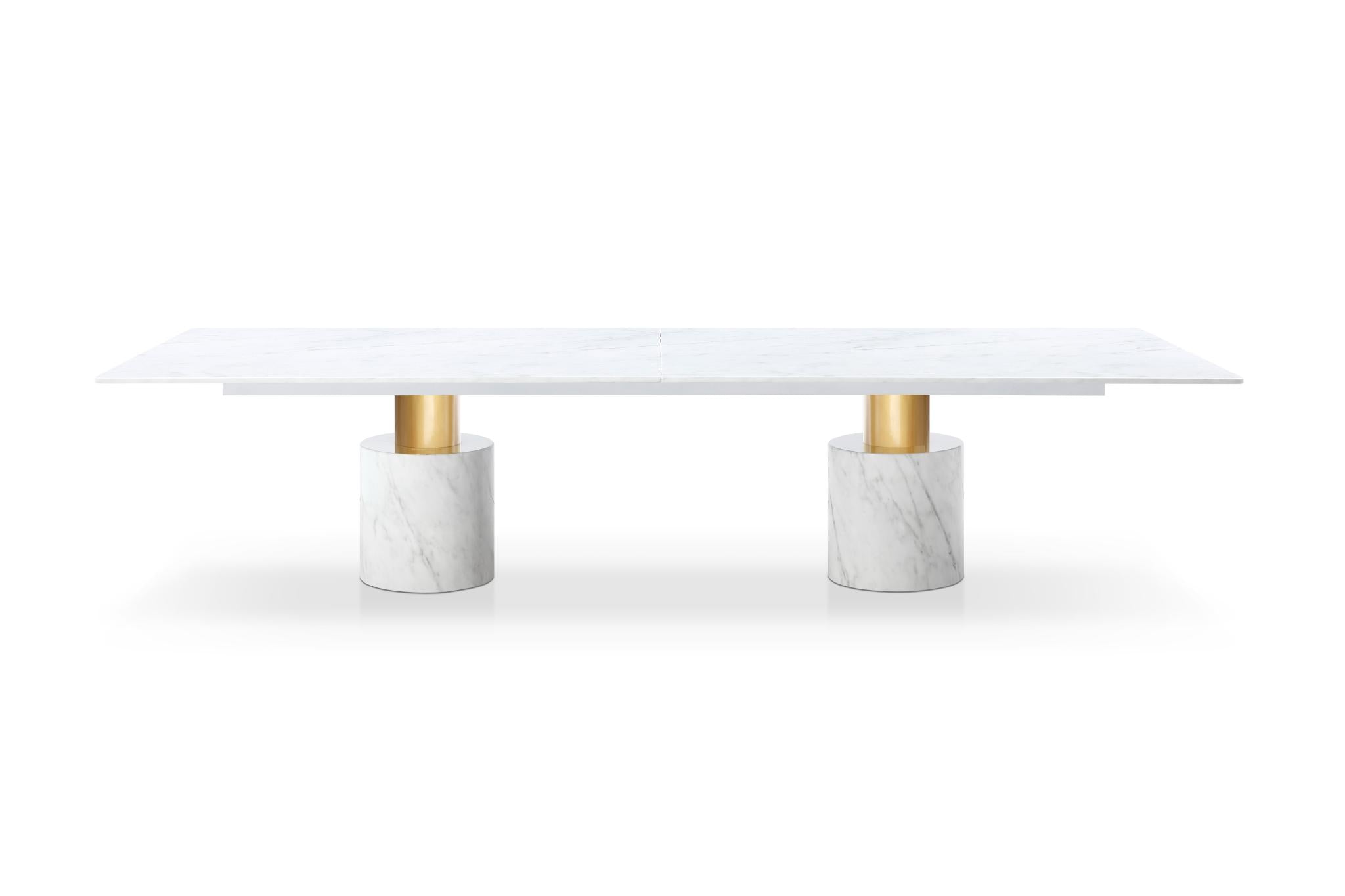 180" White and Gold Marble and Steel Double Pedestal Base Dining Table