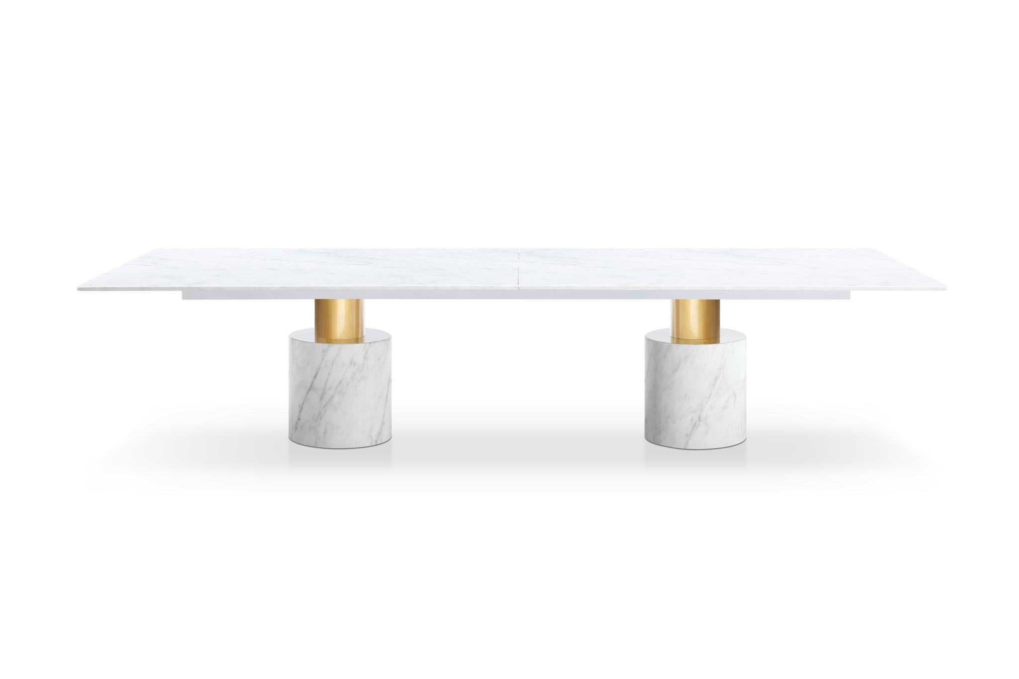 180" White and Gold Marble and Steel Double Pedestal Base Dining Table