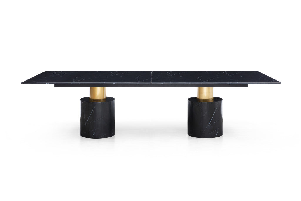 180" Black and Gold Marble and Steel Double Pedestal Base Dining Table