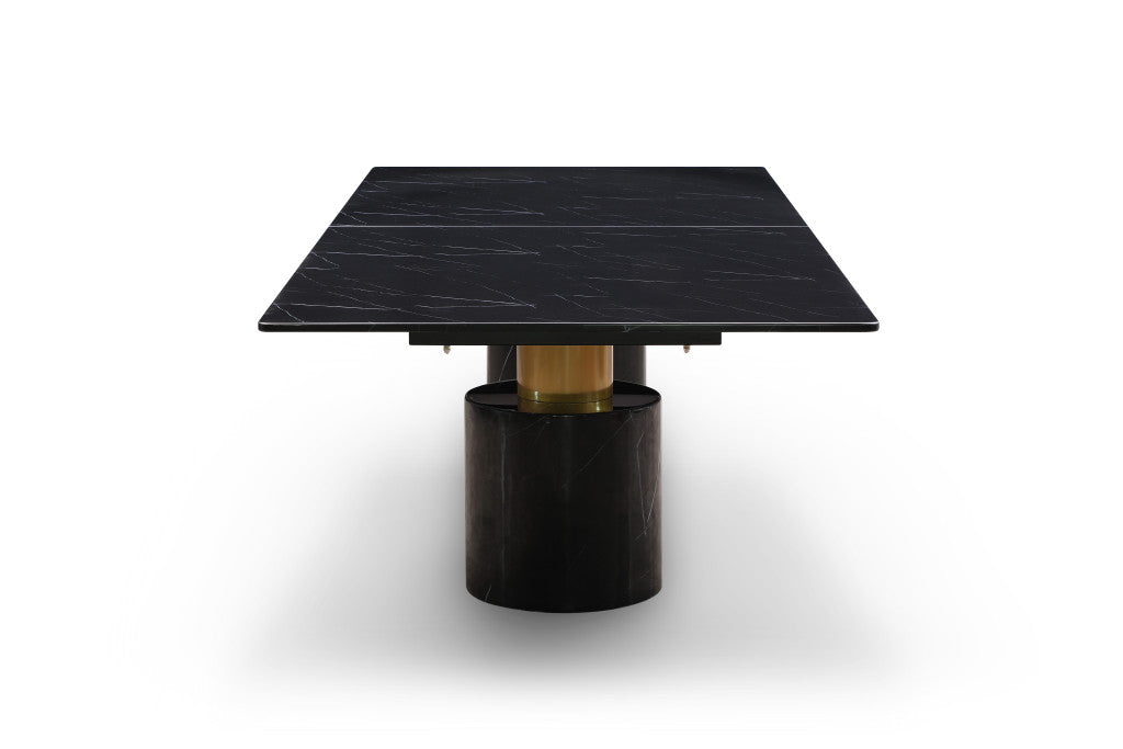 180" Black and Gold Marble and Steel Double Pedestal Base Dining Table