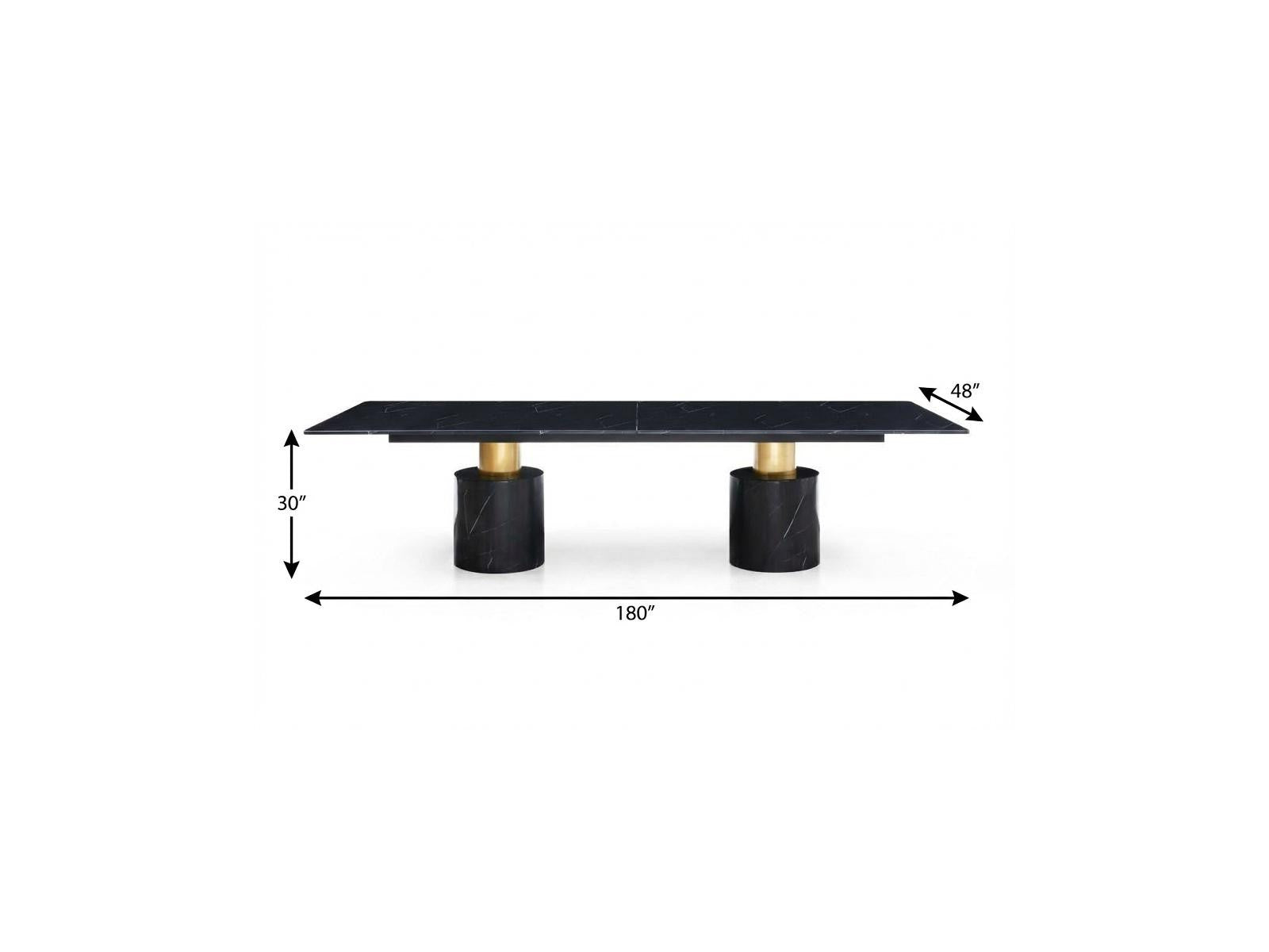 180" Black and Gold Marble and Steel Double Pedestal Base Dining Table