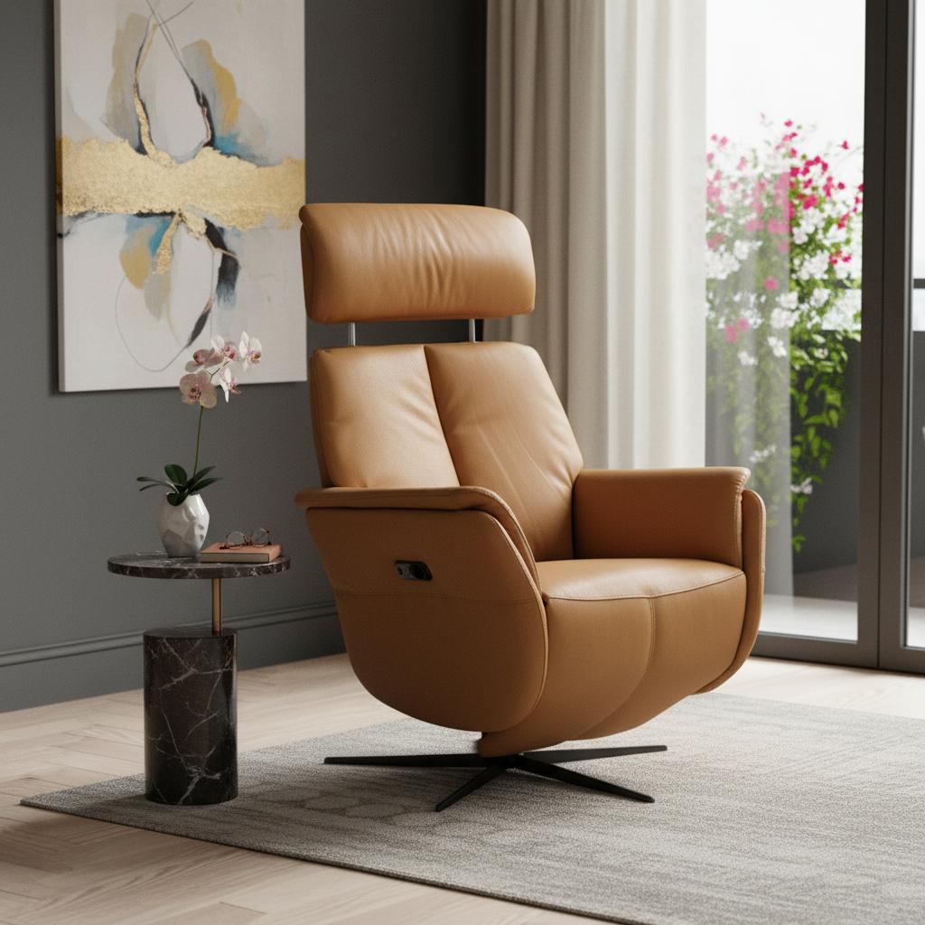28" Camel Genuine Leather Power Swivel Recliner