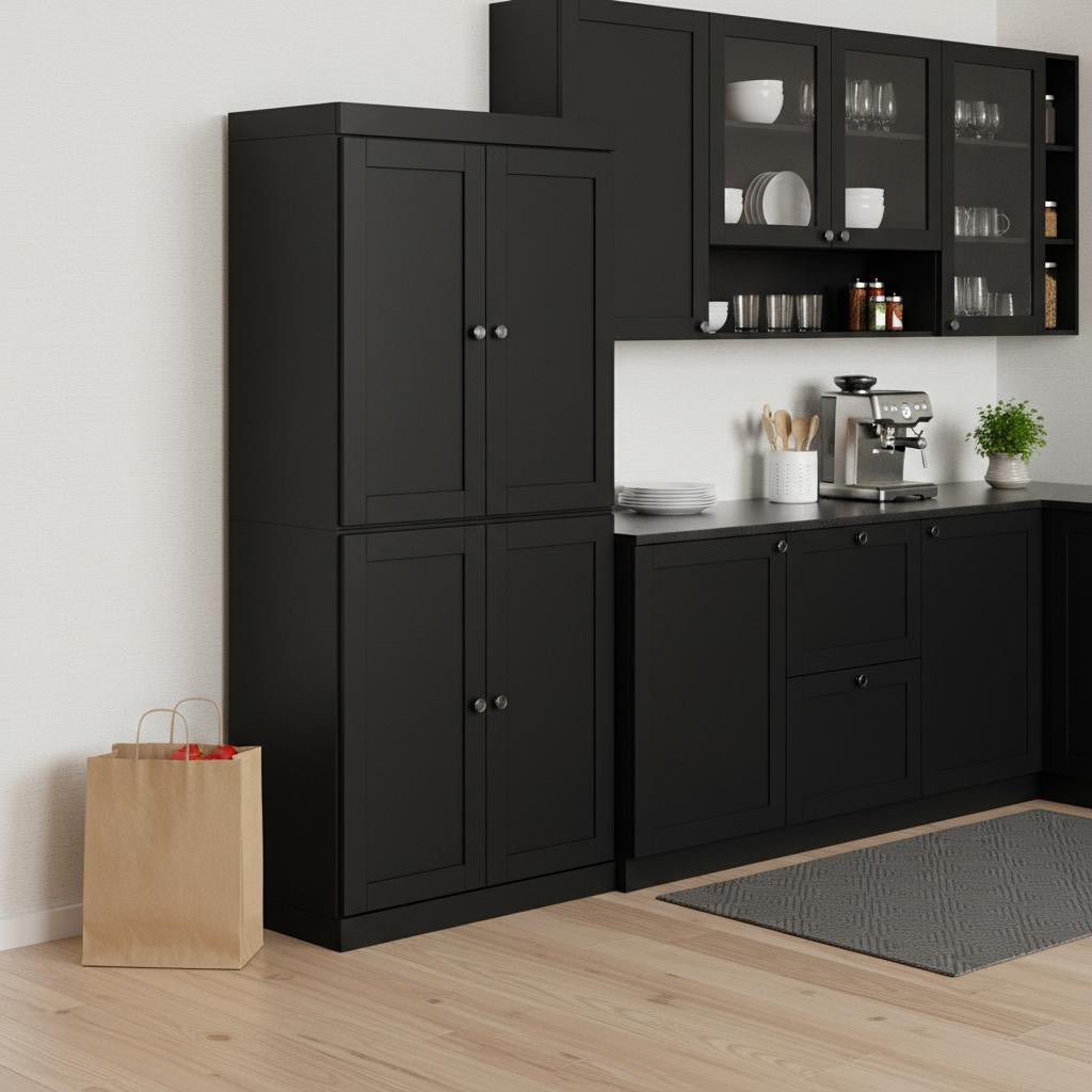 72" Black Solid Wood Four Door Pantry Or Storage Closet