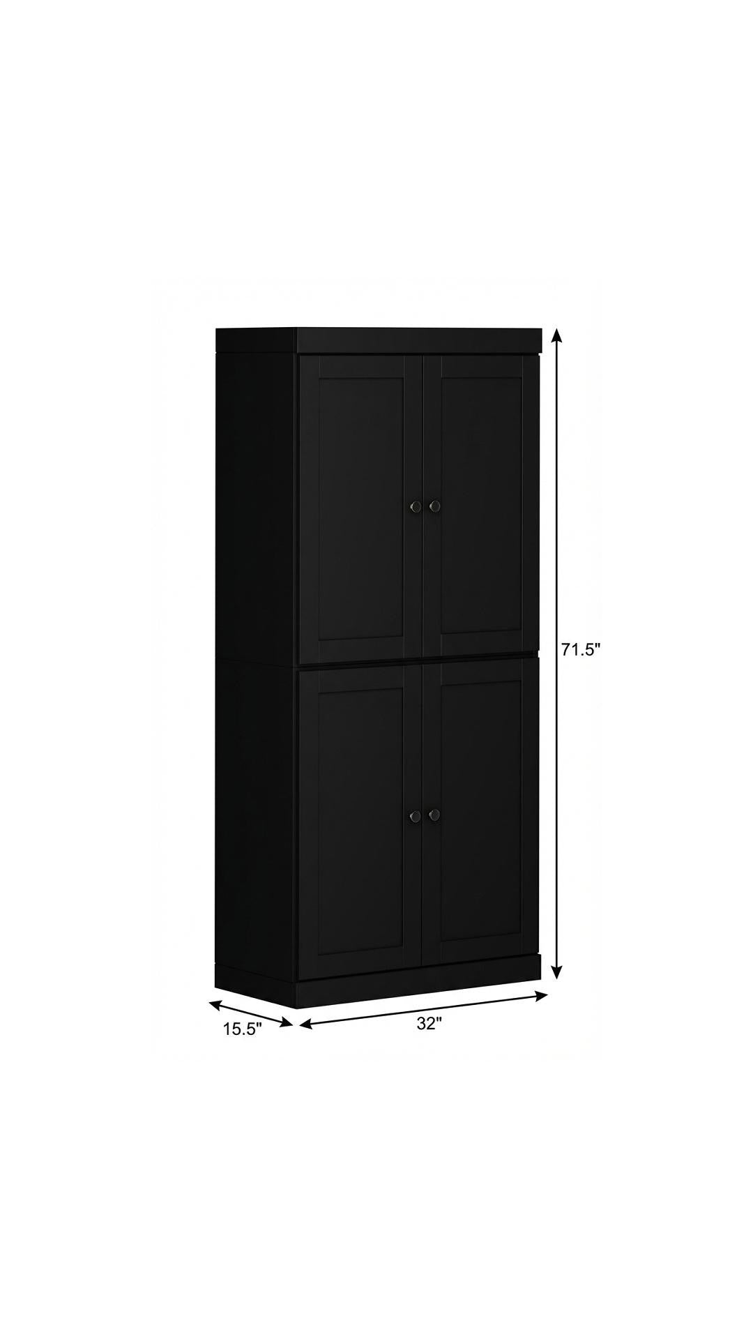 72" Black Solid Wood Four Door Pantry Or Storage Closet