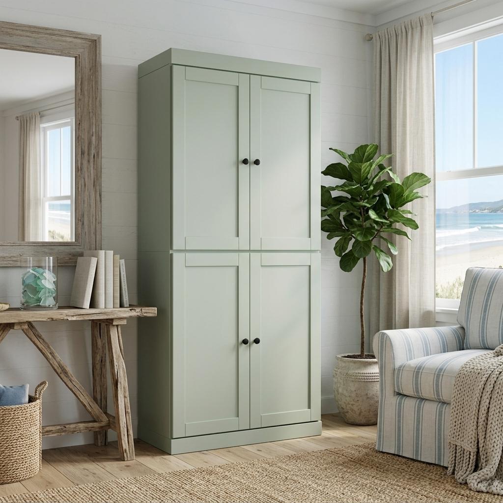 72" Sage Solid Wood Four Door Pantry Or Storage Closet