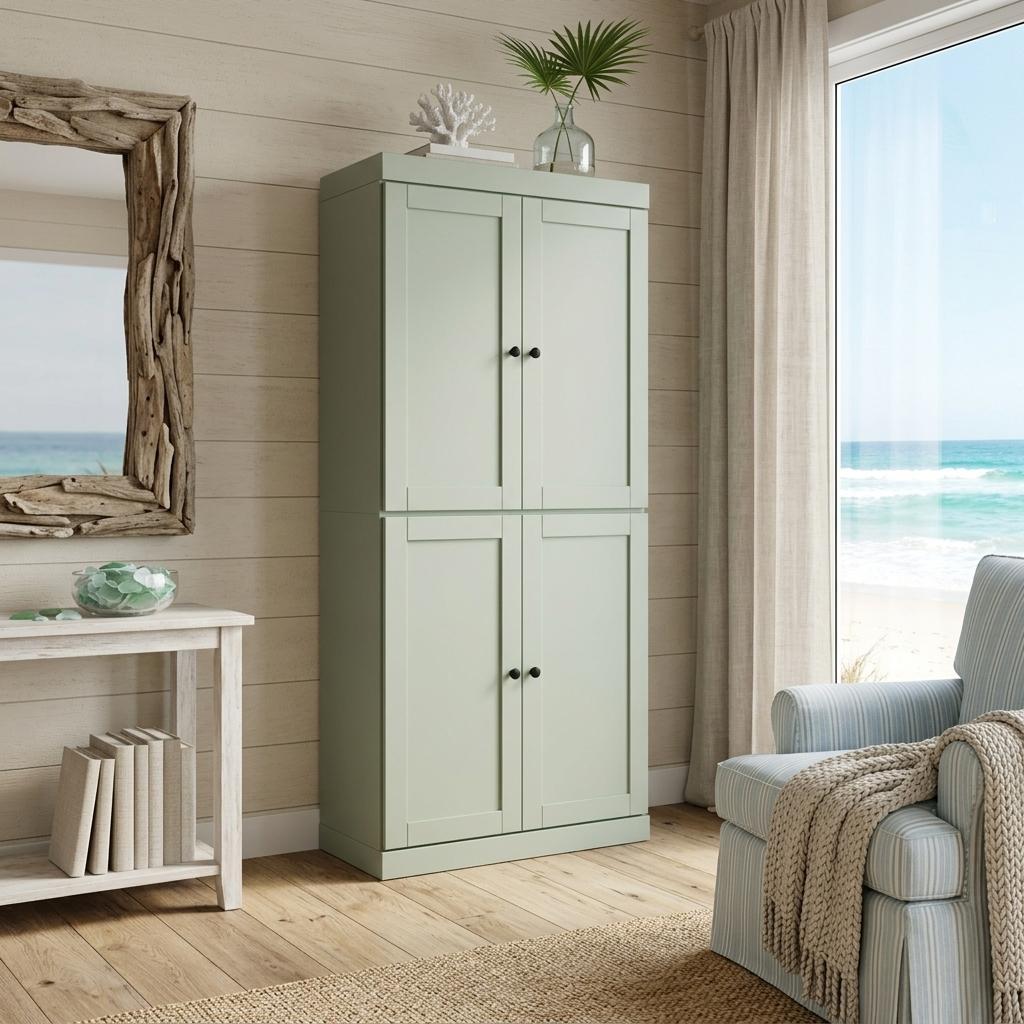 72" Sage Solid Wood Four Door Pantry Or Storage Closet