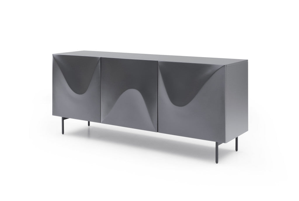 71" Dark Gray Wood Carved Abstract Sideboard With Three Doors