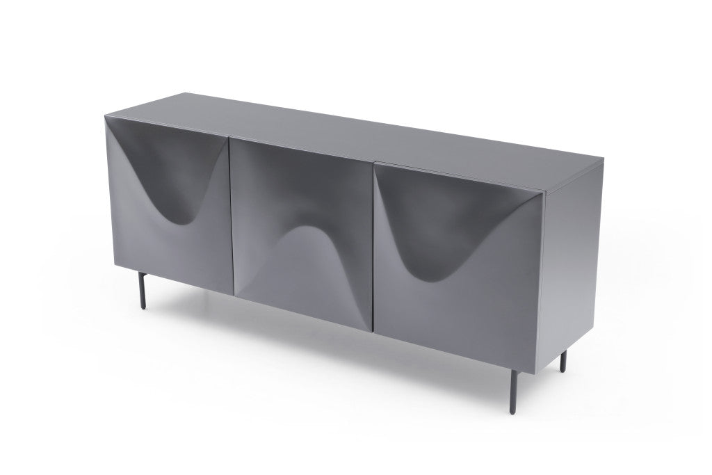71" Dark Gray Wood Carved Abstract Sideboard With Three Doors