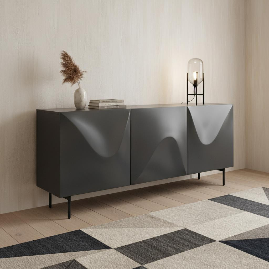 71" Dark Gray Wood Carved Abstract Sideboard With Three Doors