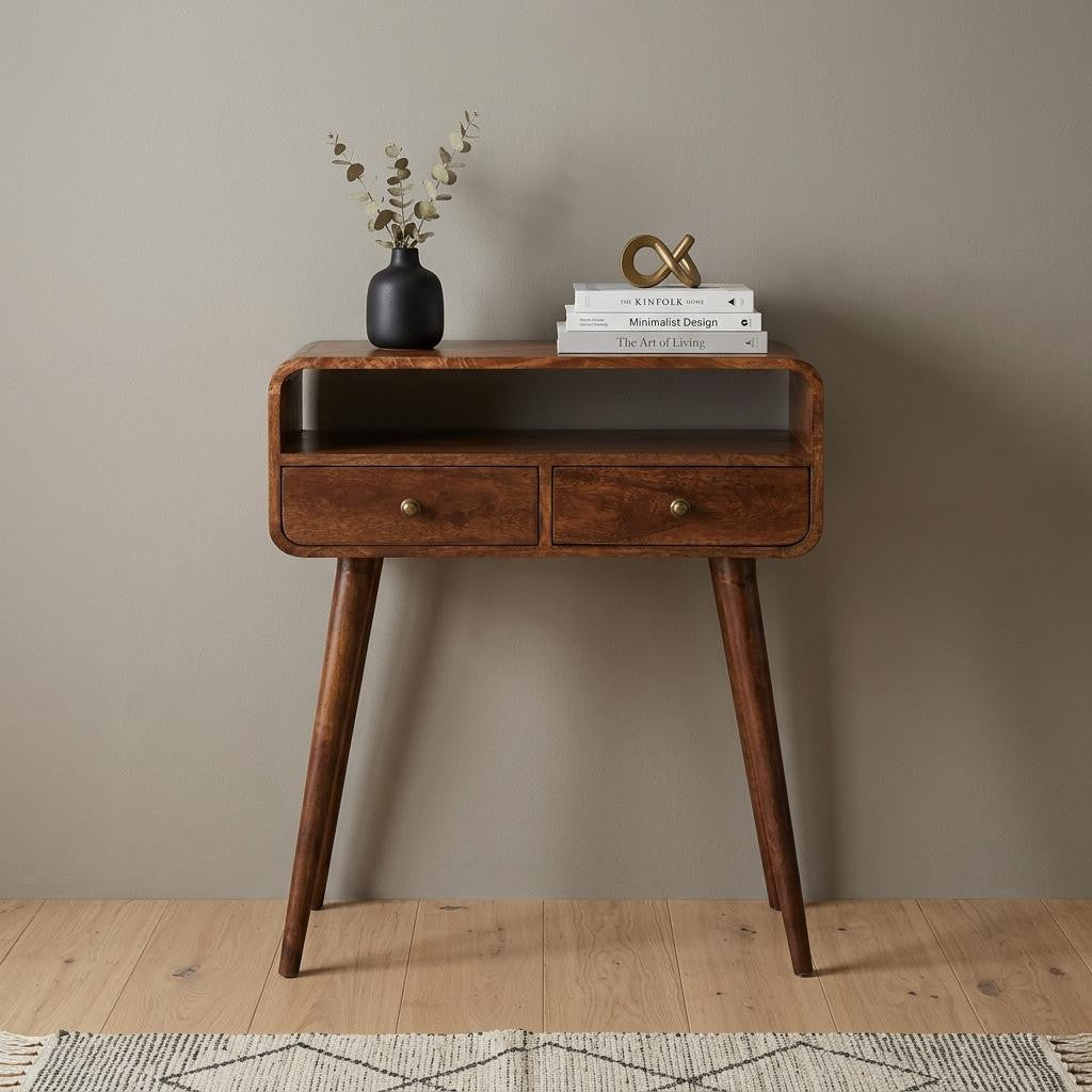 24" Brown Solid Wood Console Table With Shelf And Two Drawers