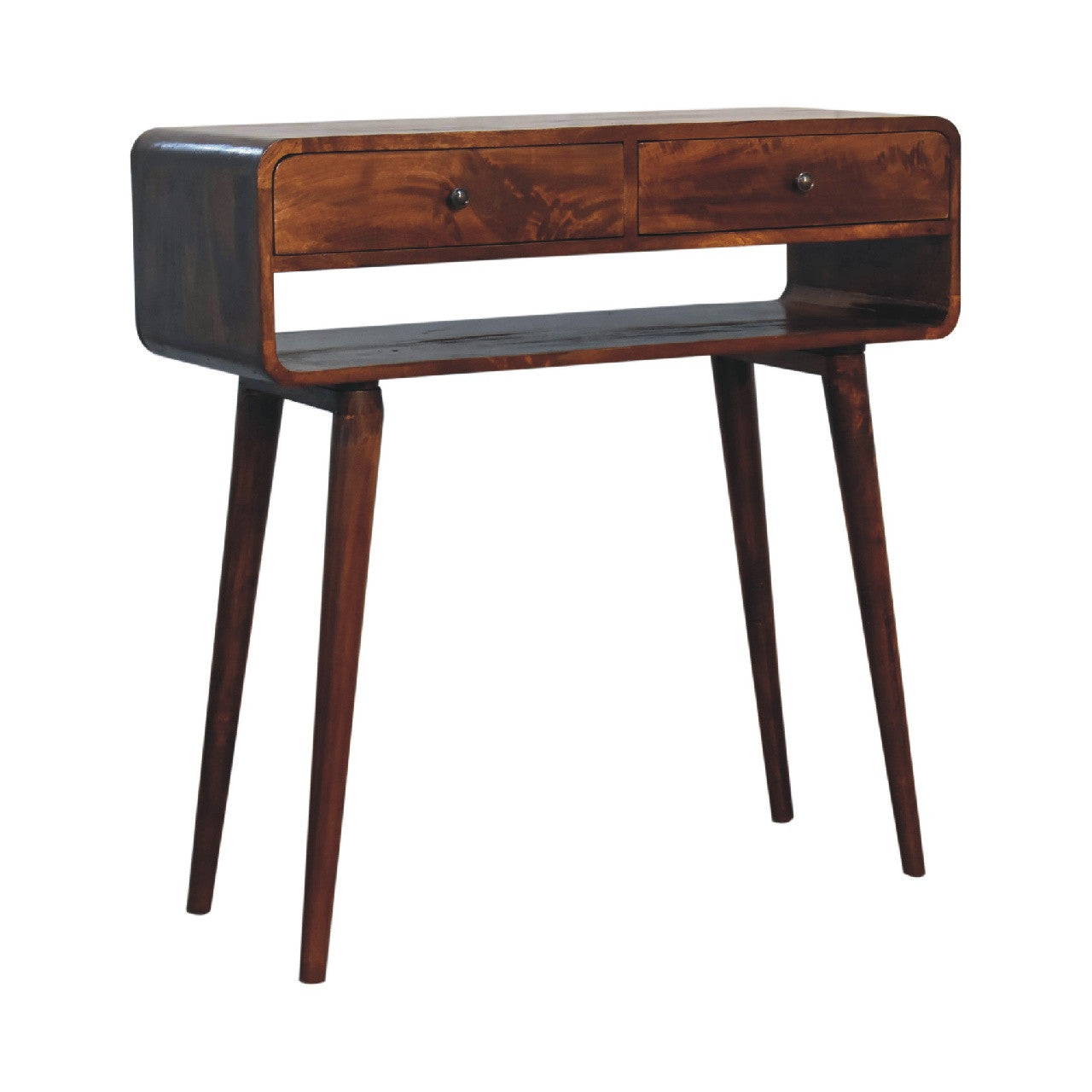35" Chestnut Solid Wood Console Table With Shelf And Two Drawers