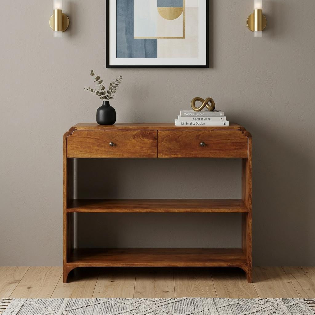 35" Chestnut Solid Wood Frame Console Table With Two Shelves And Two Drawers