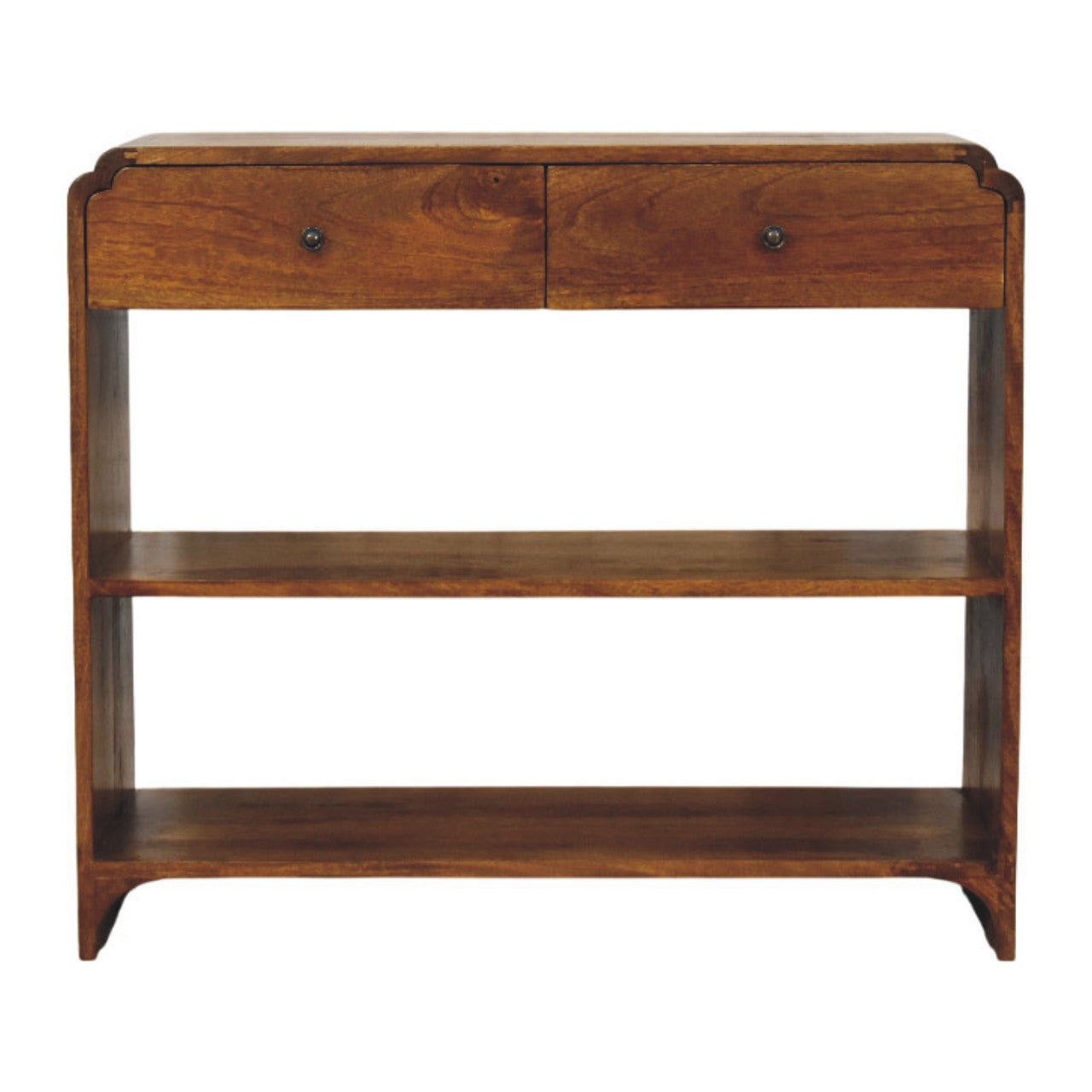 35" Chestnut Solid Wood Frame Console Table With Two Shelves And Two Drawers