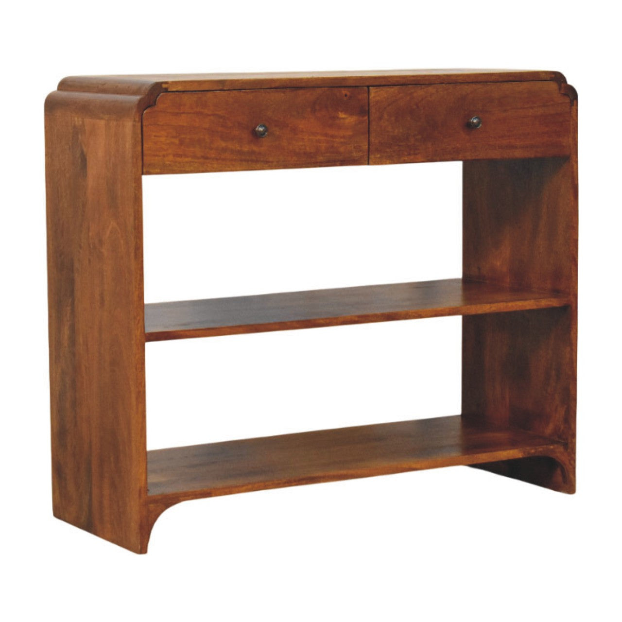 35" Chestnut Solid Wood Frame Console Table With Two Shelves And Two Drawers