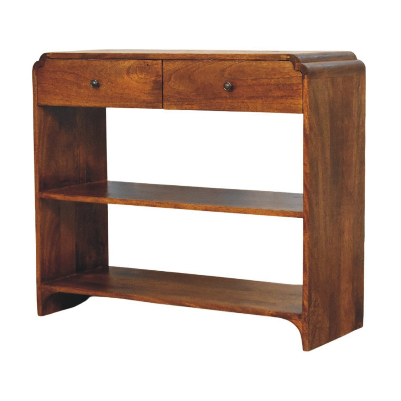 35" Chestnut Solid Wood Frame Console Table With Two Shelves And Two Drawers
