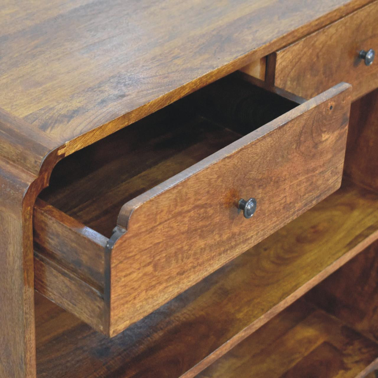 35" Chestnut Solid Wood Frame Console Table With Two Shelves And Two Drawers