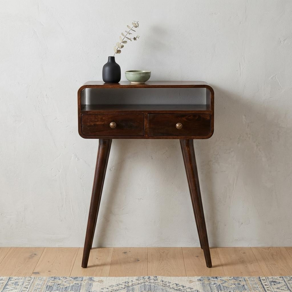 24" Walnut Solid Wood Console Table With Shelf And Two Drawers