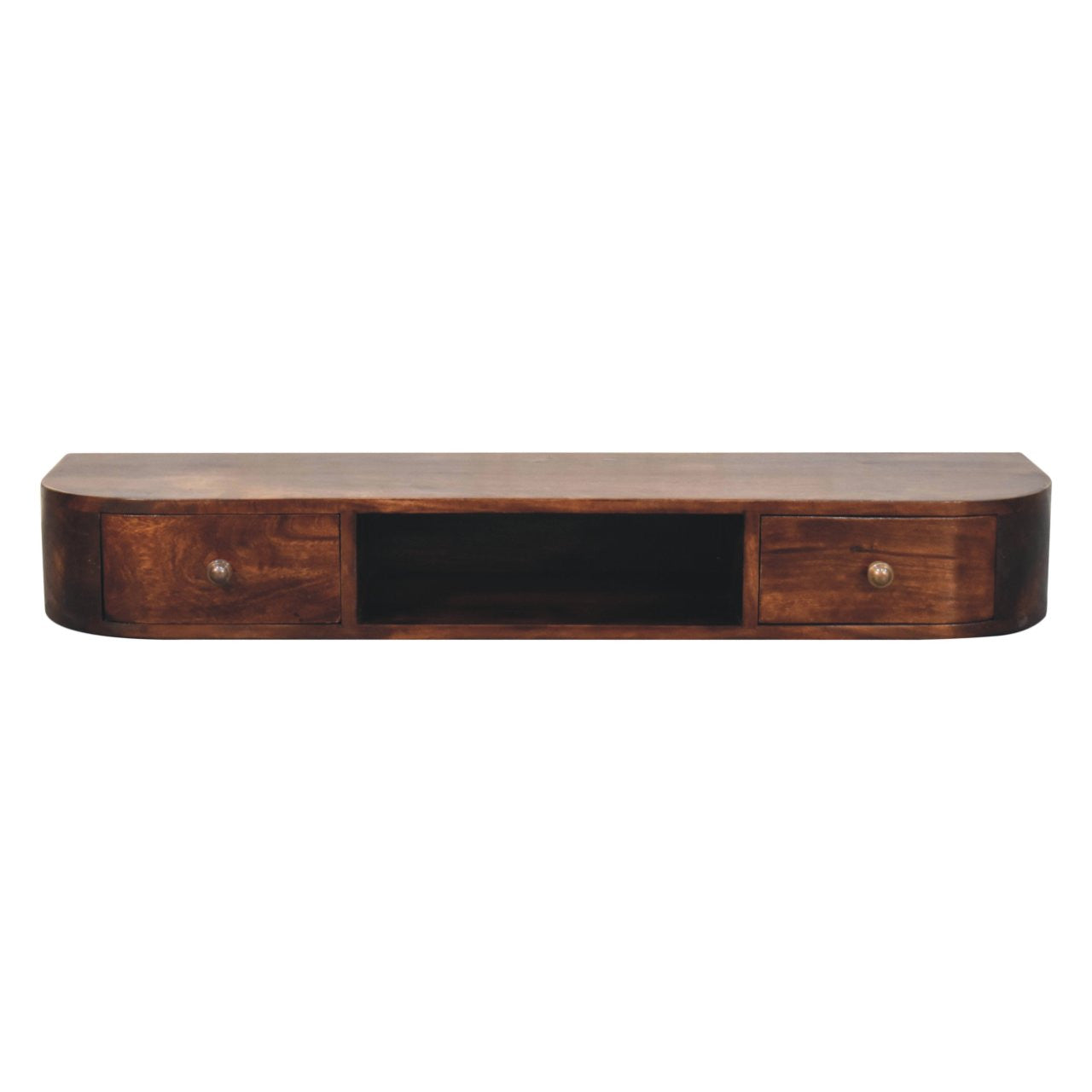 43" Chestnut Solid Wood Floating Console Table With Shelf And Two Drawers