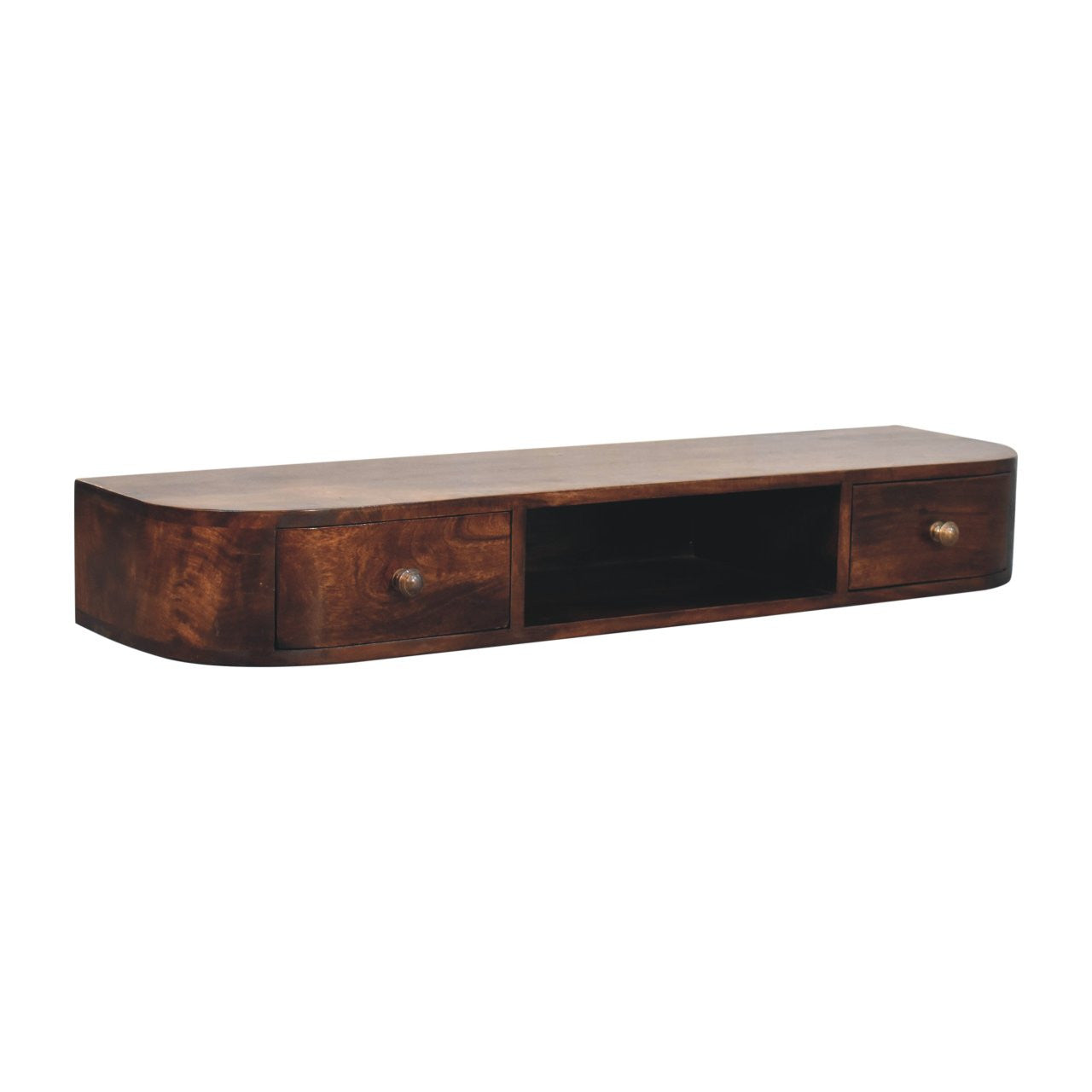 43" Chestnut Solid Wood Floating Console Table With Shelf And Two Drawers