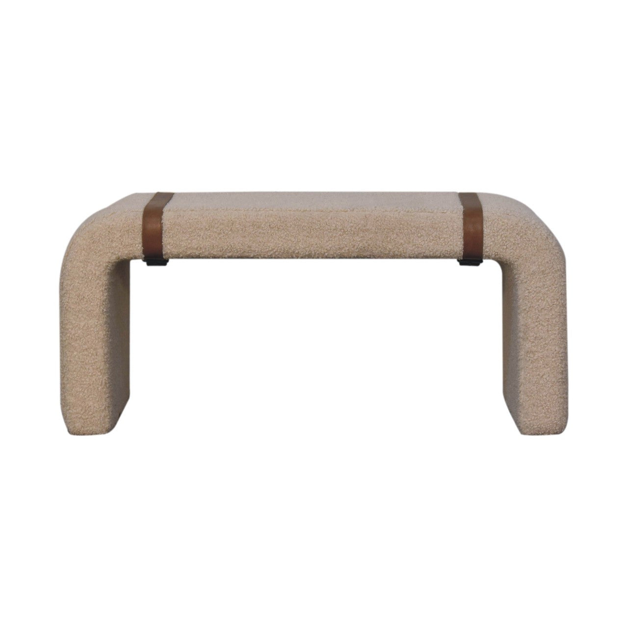 35" Beige and Brown Boucle and Leather Upholstered Bench