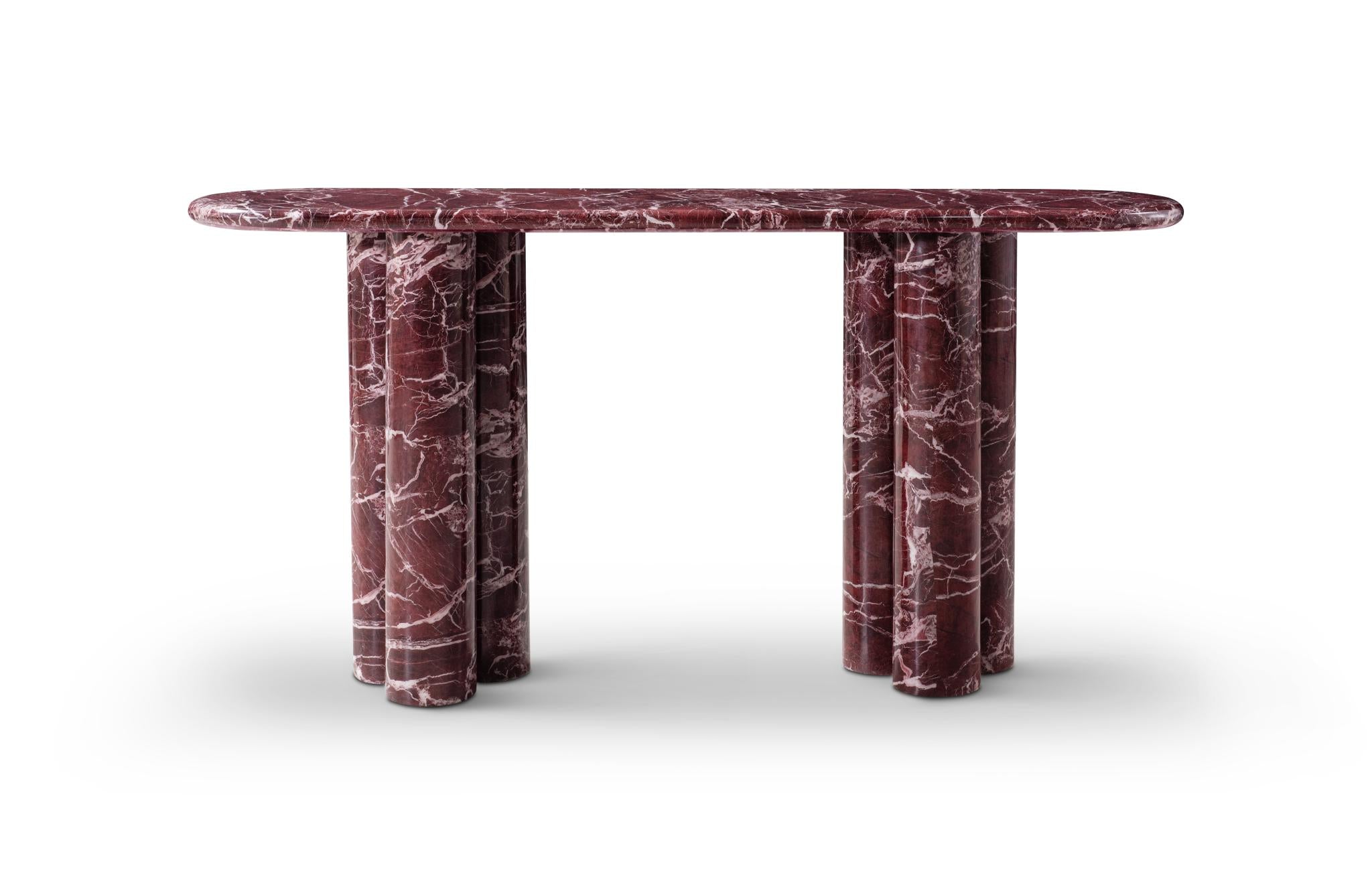 60" Red Genuine Marble Oval Double Pedestal Console Table