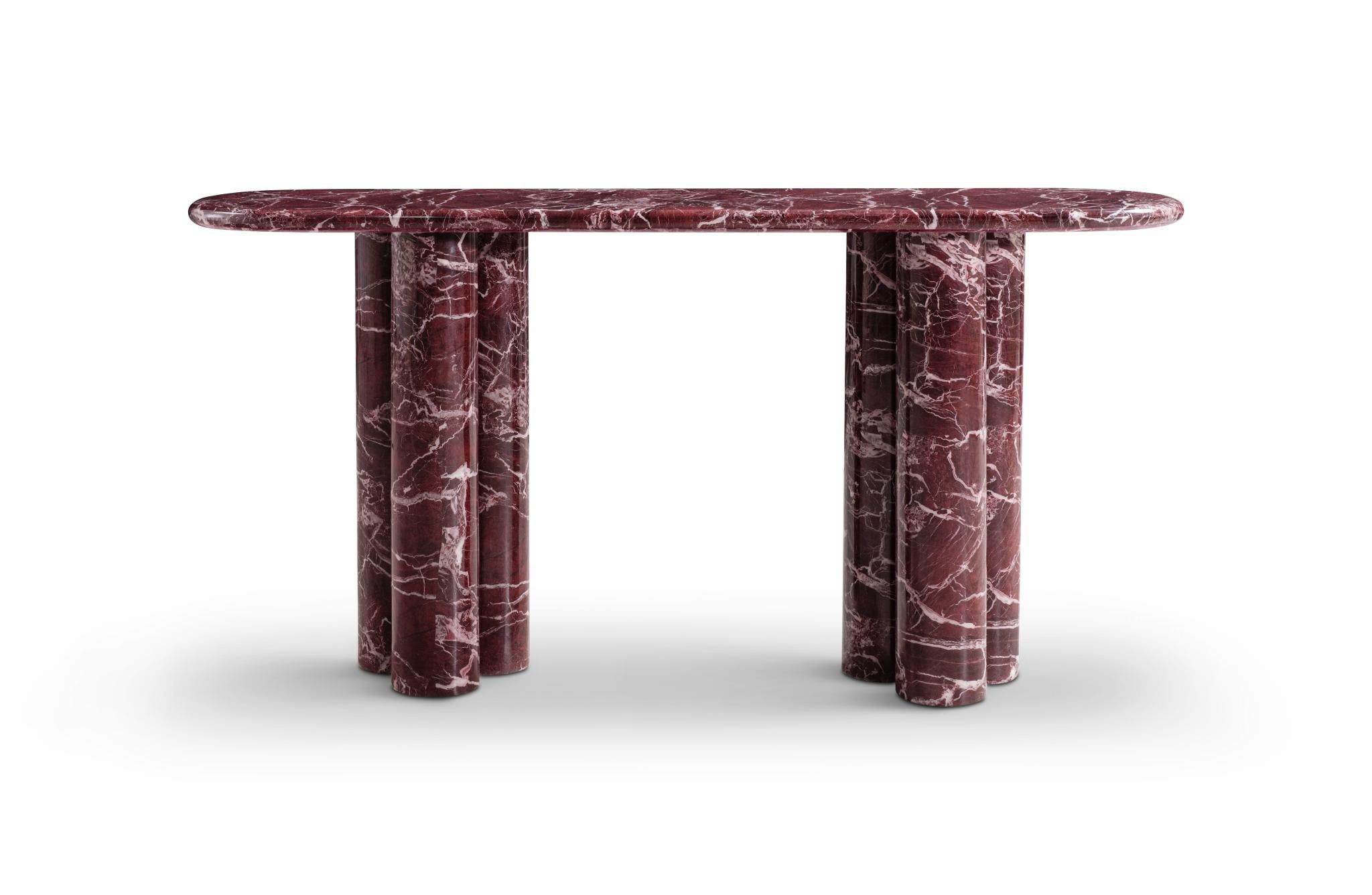 60" Red Genuine Marble Oval Double Pedestal Console Table