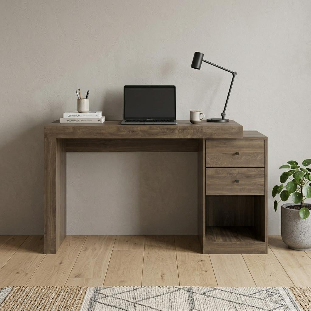 58" Walnut Wood Pedestal Writing Desk With Two Drawers