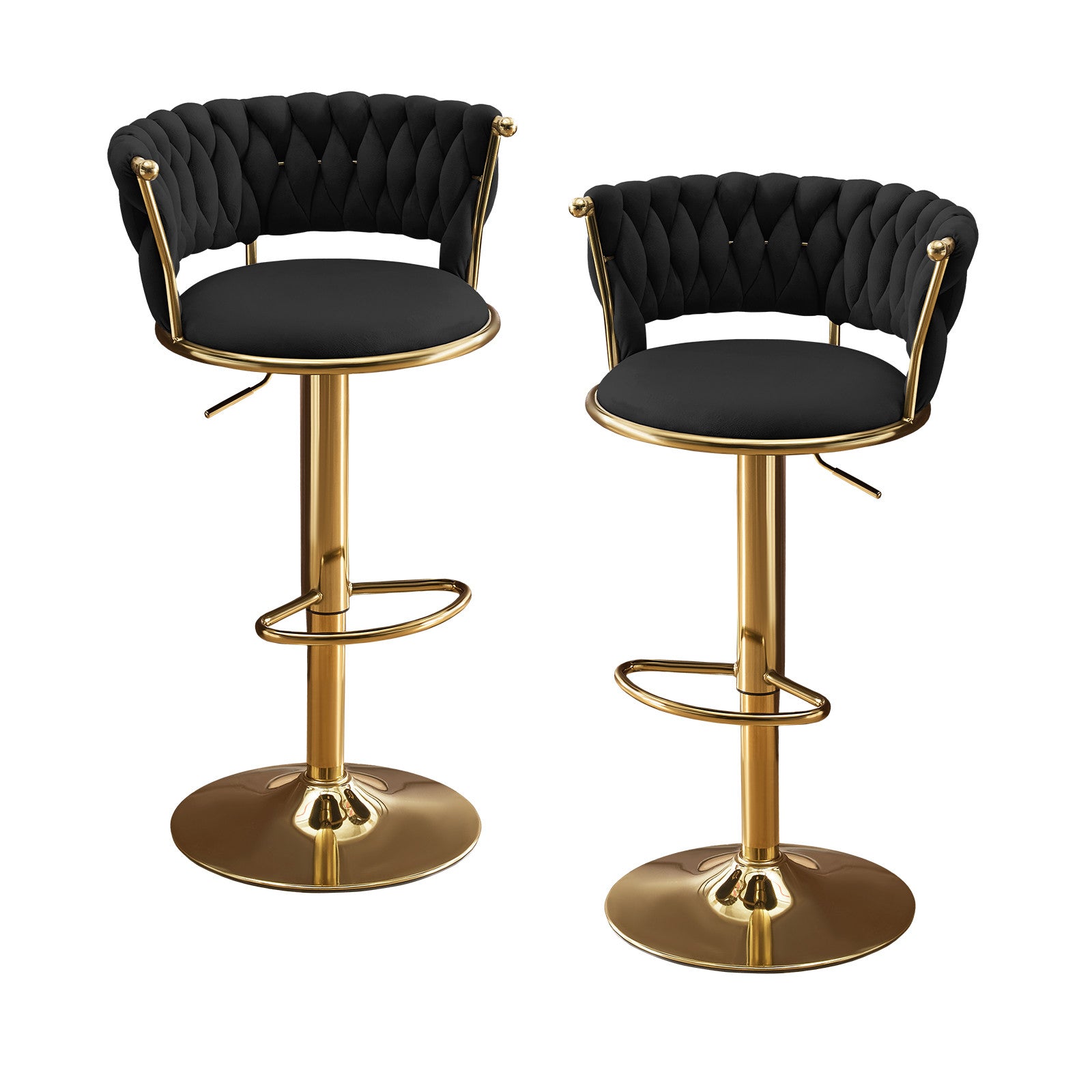 Set of Two Black and Gold Velvet and Metal Low Back Adjustable Height Swivel Bar Chairs