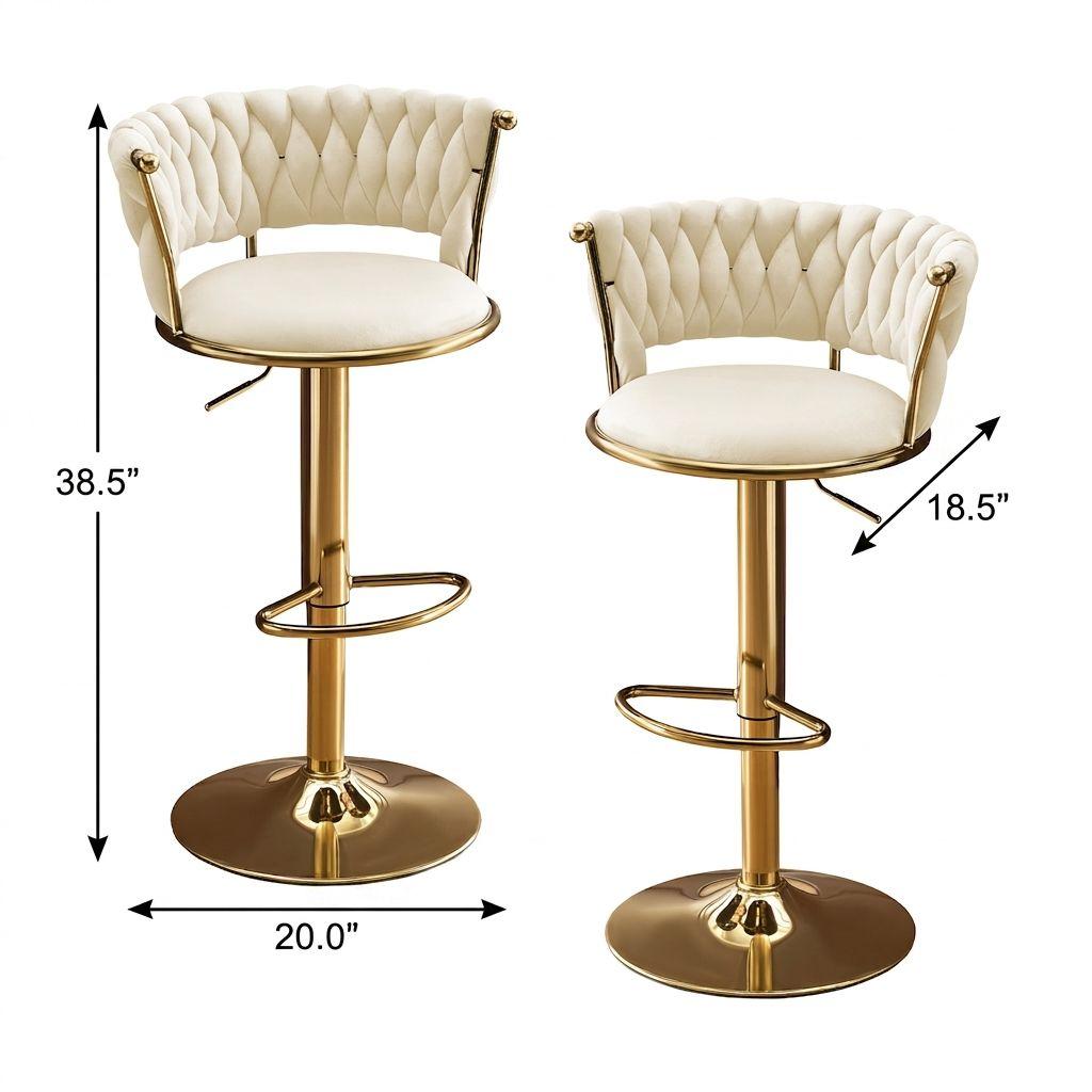 Set of Two Beige and Gold Velvet and Metal Low Back Adjustable Height Swivel Bar Chairs