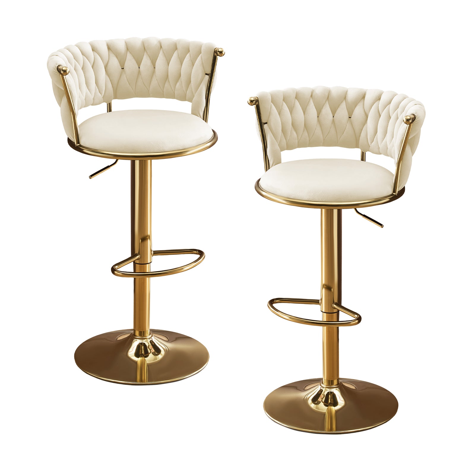 Set of Two Beige and Gold Velvet and Metal Low Back Adjustable Height Swivel Bar Chairs
