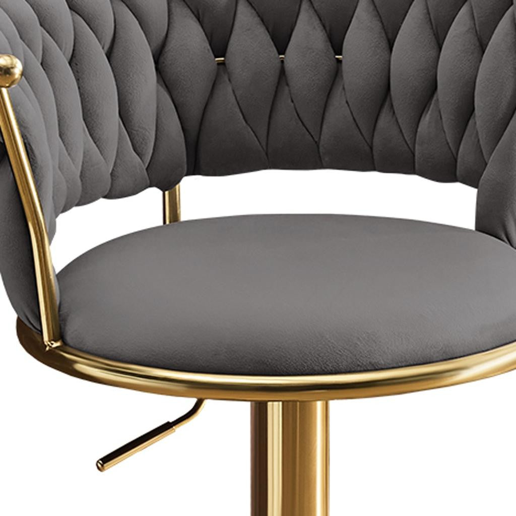 Set of Two Gray and Gold Velvet and Metal Low Back Adjustable Height Swivel Bar Chairs