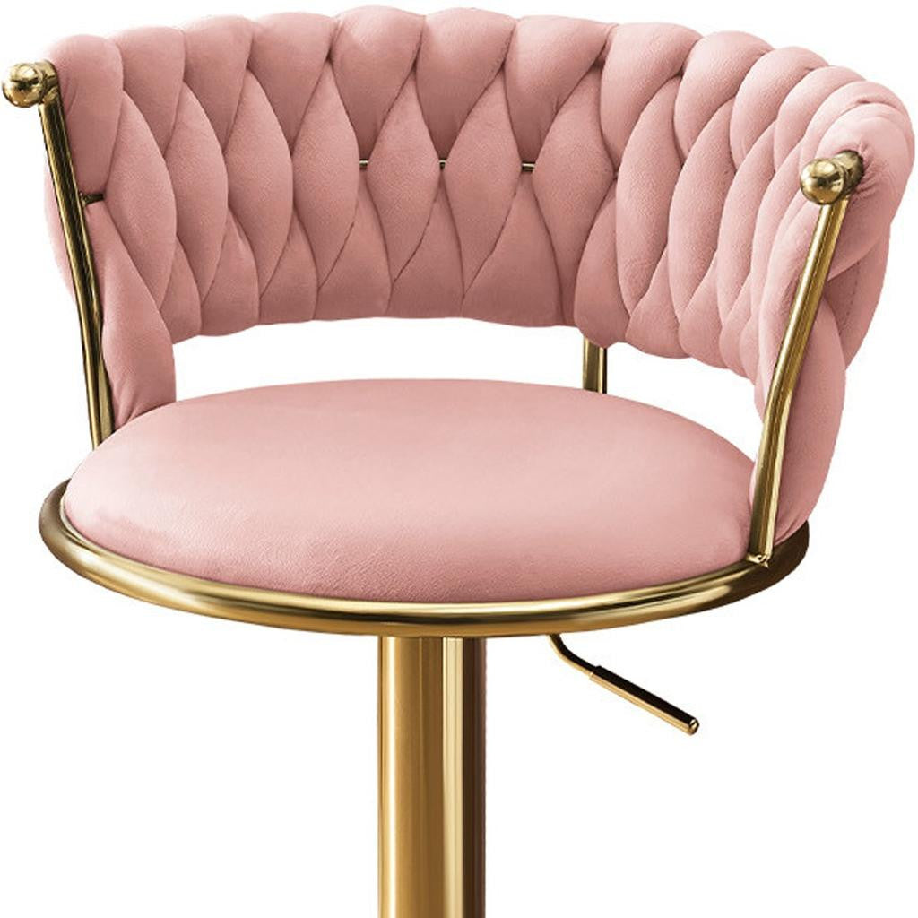 Set of Two Pink and Gold Velvet and Metal Low Back Adjustable Height Swivel Bar Chairs