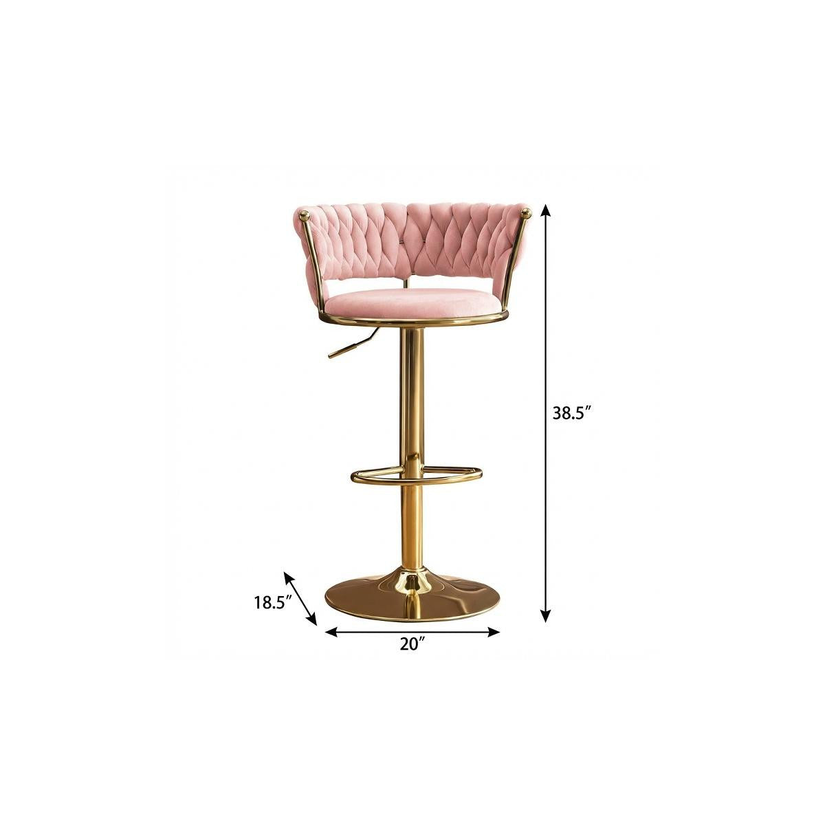 Set of Two Pink and Gold Velvet and Metal Low Back Adjustable Height Swivel Bar Chairs