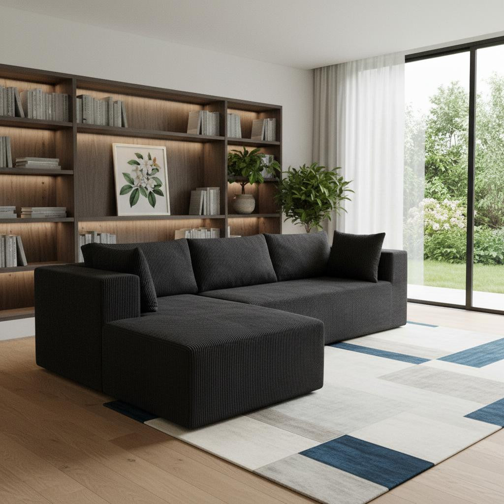 105" Black Corduroy Modular Left Chaise Style Sofa With Toss Pillows