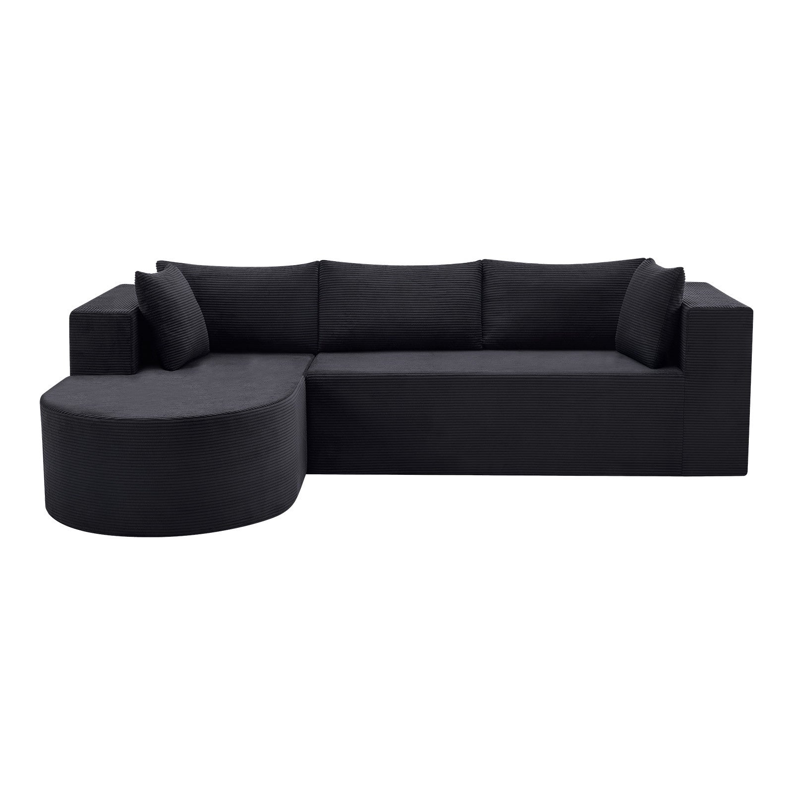 105" Black Corduroy Modular Left Rounded Chaise Style Sofa With Toss Pillows